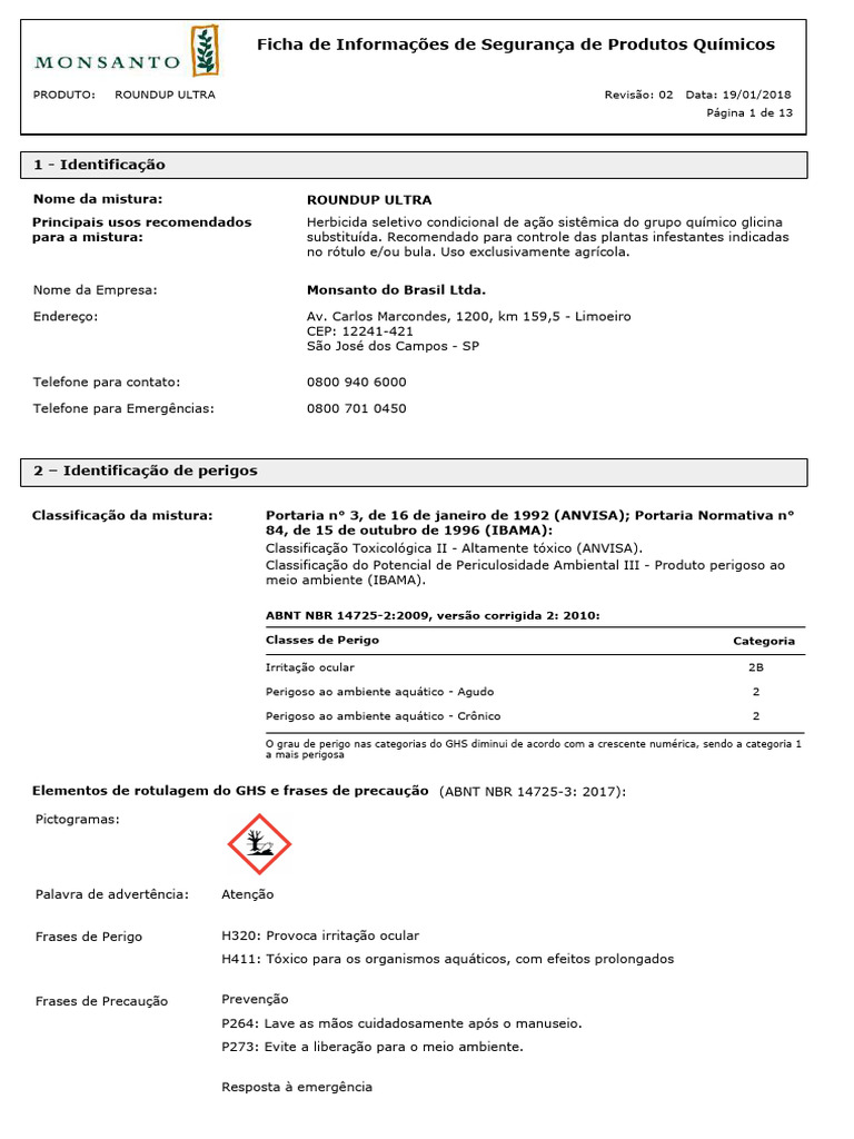 Ficha de Segurança do Roundup Ultra | PDF | Incêndios