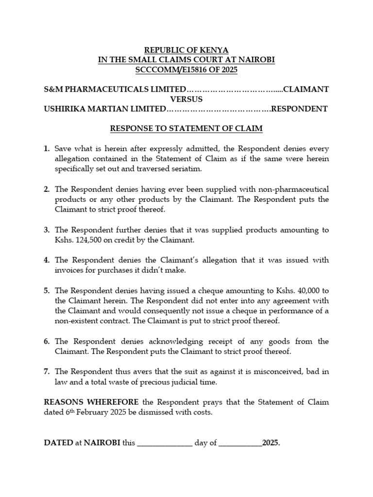 Response to Claim in Small Claims Court | PDF