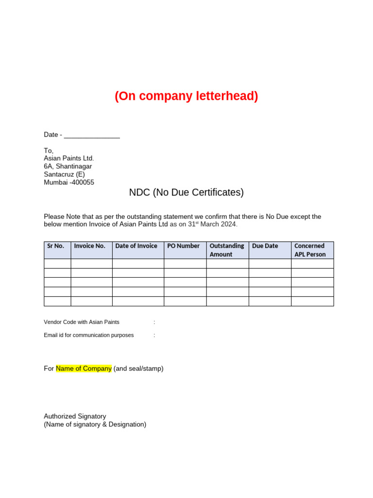 NDC Format On Company Letterhead - Q4 FY23-24 - Sample Format | PDF