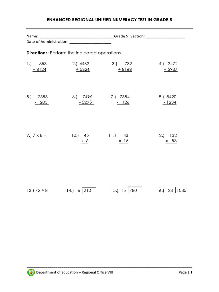 Grade 5 Unified Numeracy Test | PDF
