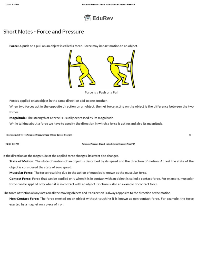 Class 8 Notes: Force and Pressure | PDF | Force | Pressure
