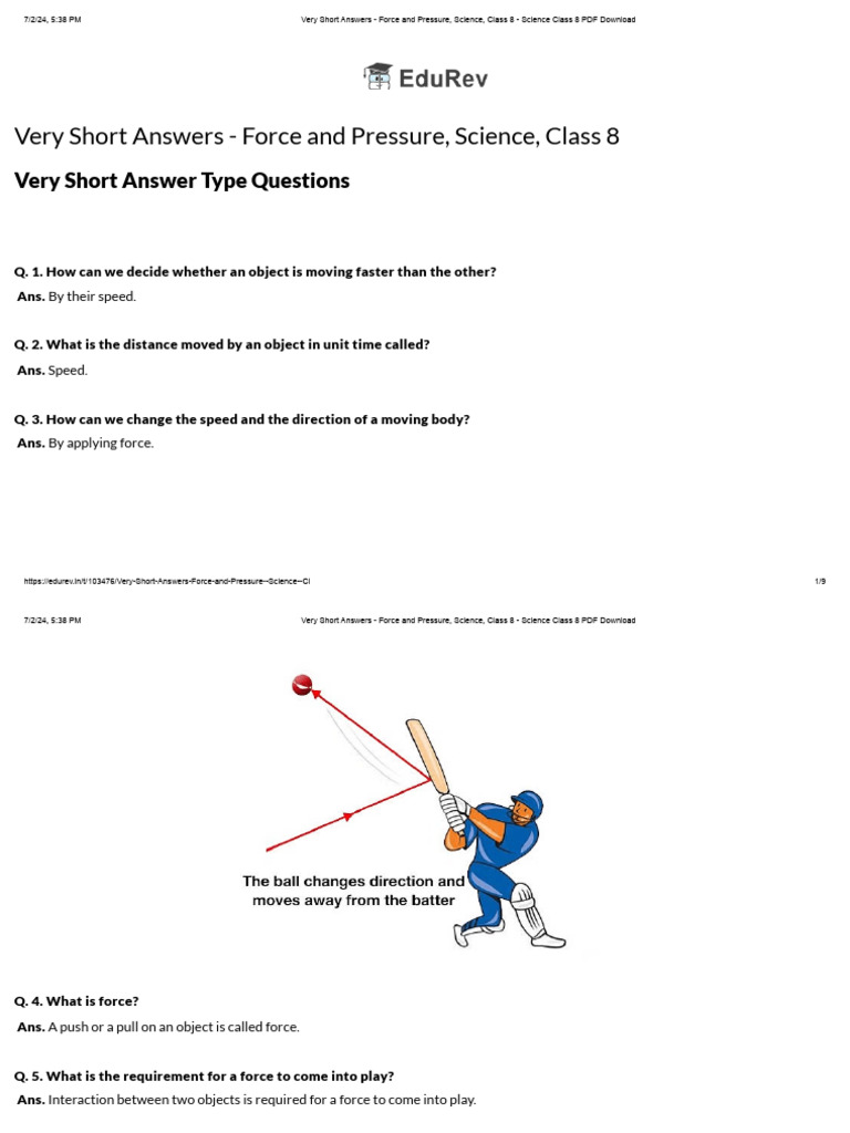 Class 8 Force and Pressure Q&A Guide | PDF | Force | Pressure