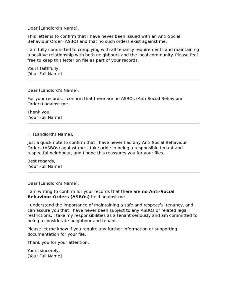 ASBO Confirmation Letter for Tenant | PDF