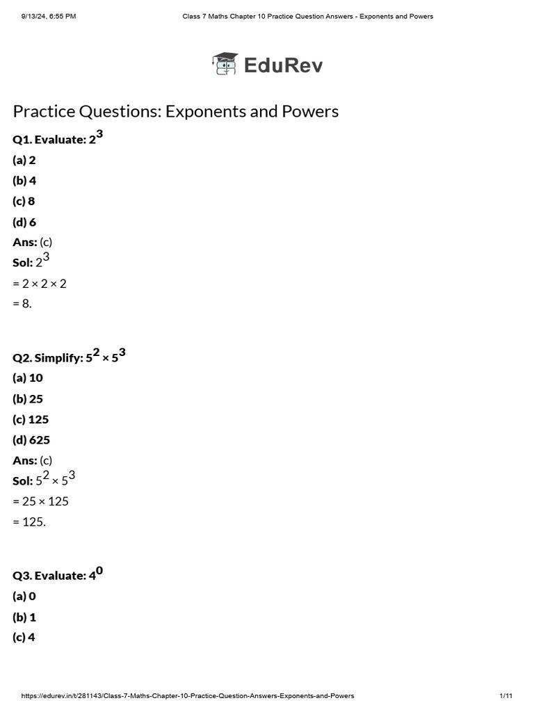 Class 7 Exponents Practice Questions | PDF