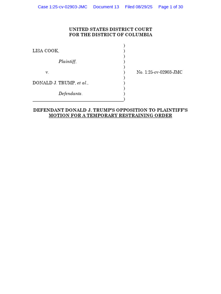 Trump Opposes Cook's TRO Request | PDF | Due Process Clause | Injunction