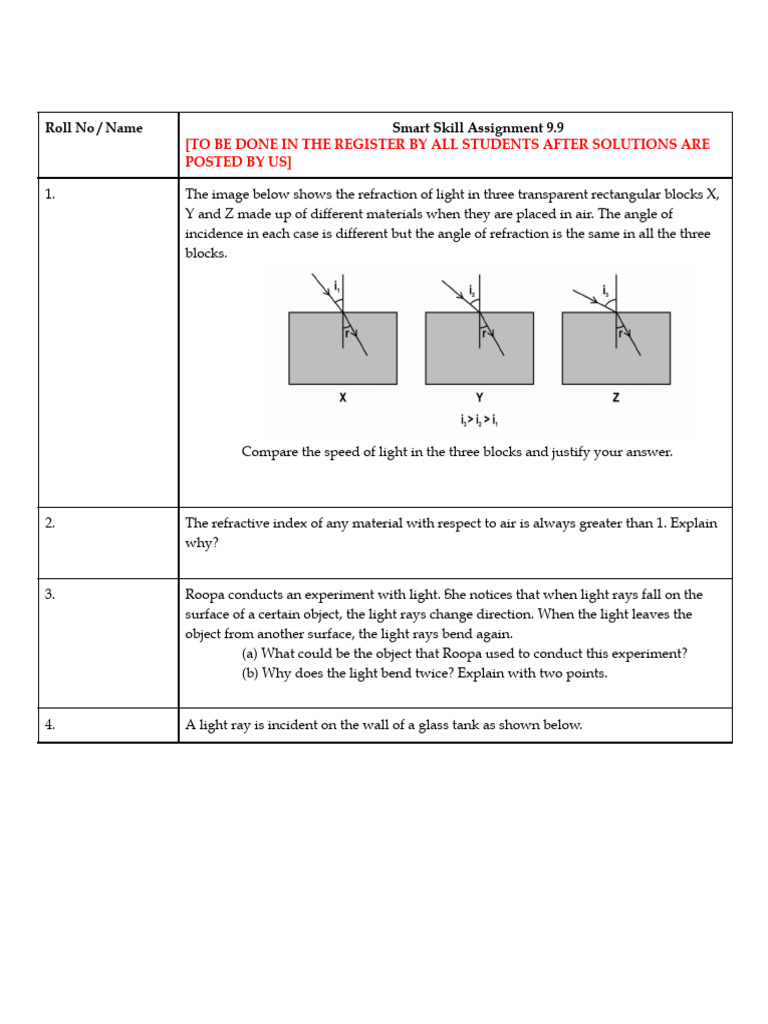 Light Refraction and Refractive Index Assignment | PDF | Refraction ...
