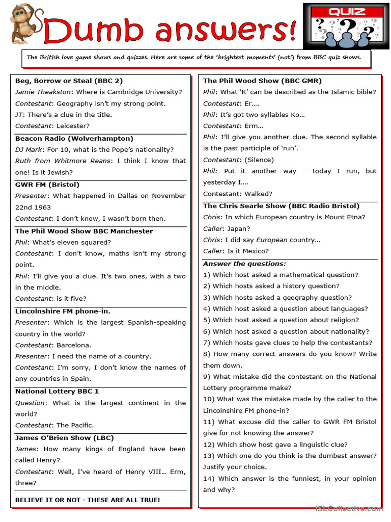 Dumb Answers! (Silly Quiz Show Answers) | PDF