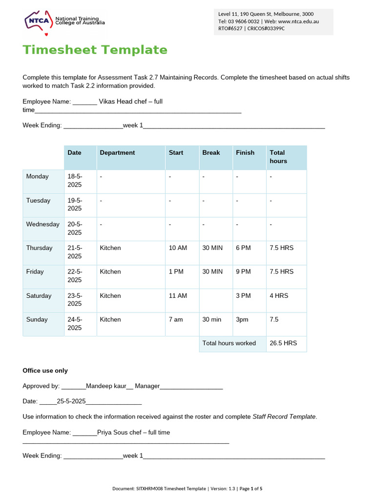 Group 10 NTCA230235 SITXHRM008 Timesheet Template | PDF