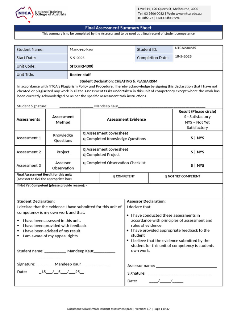Final Assessment Summary for SITXHRM008 | PDF | Overtime | Employment