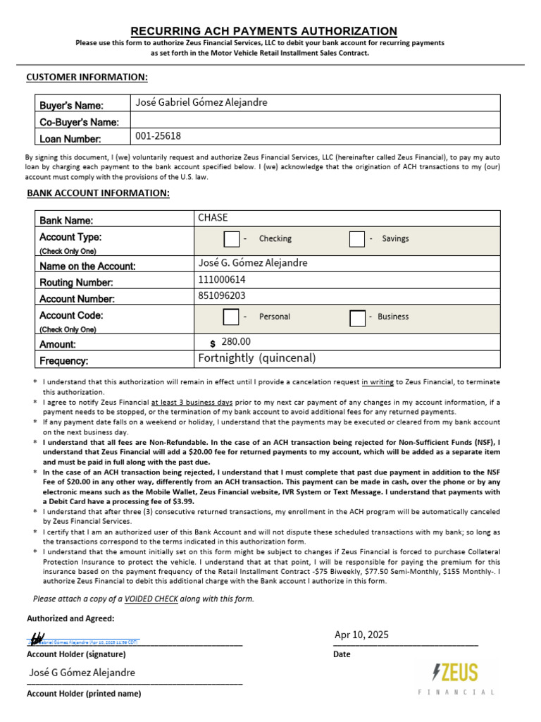 ACH Payment Authorization Form | PDF | Payments | Banks