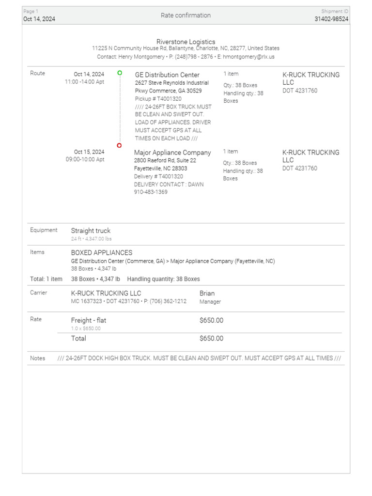 Rate Confirmation for Appliance Shipment | PDF | Cargo | Freight Transport