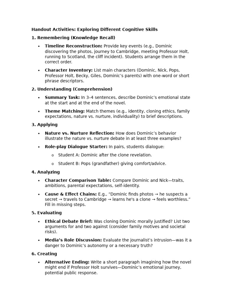 Cognitive Skills Activities for Unique Novel | PDF | Identity (Social ...