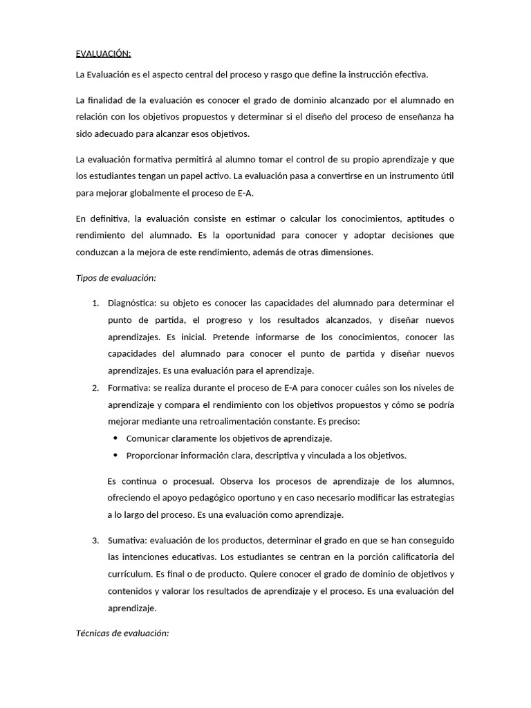 Tipos y Técnicas de Evaluación Educativa | PDF | Evaluación | Aprendizaje