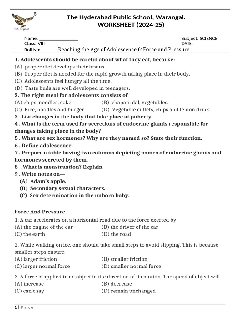 Grade 8 Age of Adolescence and Force and Pressure Worksheet 2 | PDF ...