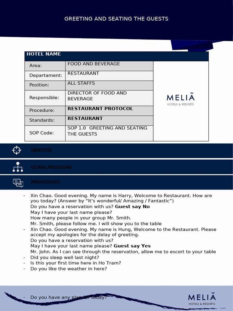 Guest Greeting and Seating Protocol | PDF | Restaurants | Waiting Staff