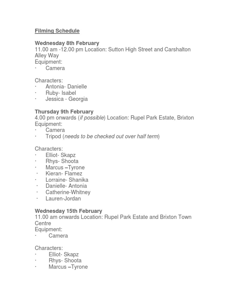 February Filming Schedule Details | PDF