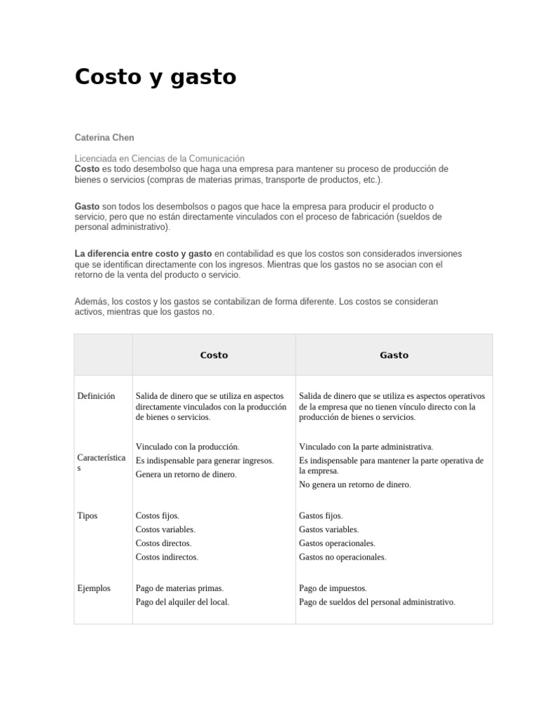 Diferencias entre costo y gasto en contabilidad | PDF | Costo | Business