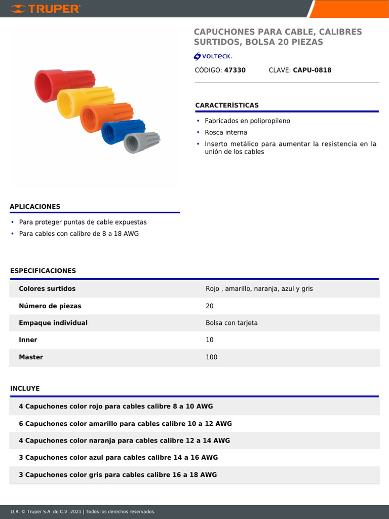 Capuchones para Cable 20 Piezas AWG 8-18 | PDF