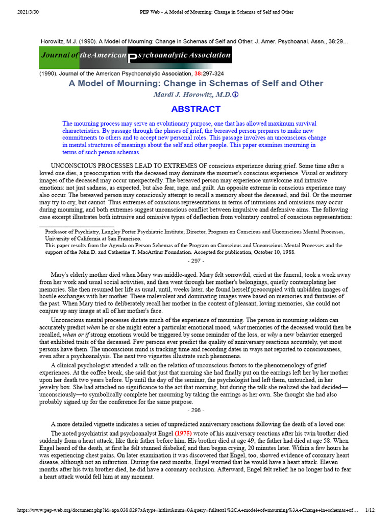 Mourning and Self-Other Schemas | PDF | Grief | Psychoanalysis