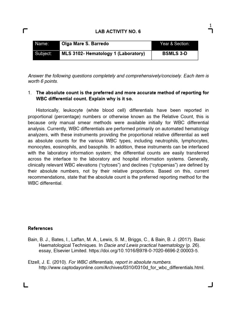 HEMA LAB ACTIVITY 6 Barredo, OMS | PDF | White Blood Cell | Medical ...