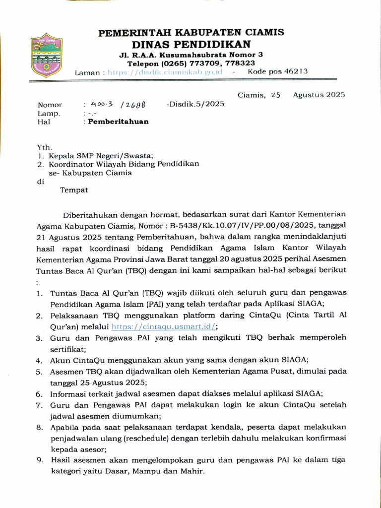 Pemberitahuan Program TBQ di Ciamis | PDF