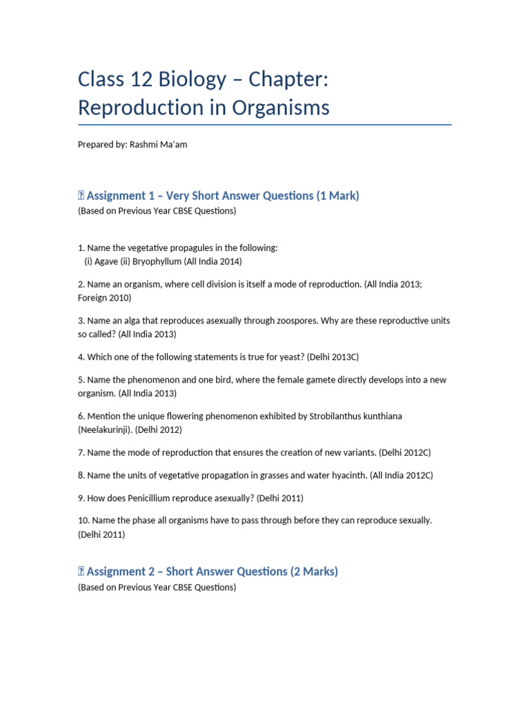 Reproduction in Organisms Assignments Rashmi | PDF