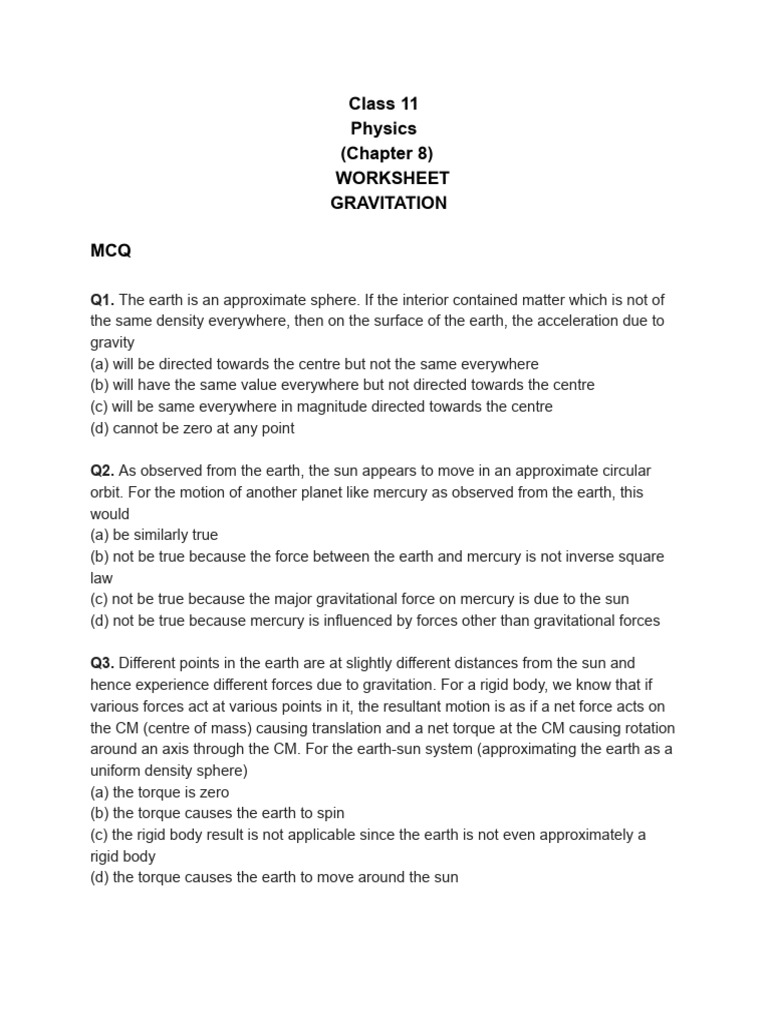 Class 11 Physics Worksheet: Gravitation MCQs | PDF | Force | Gravity