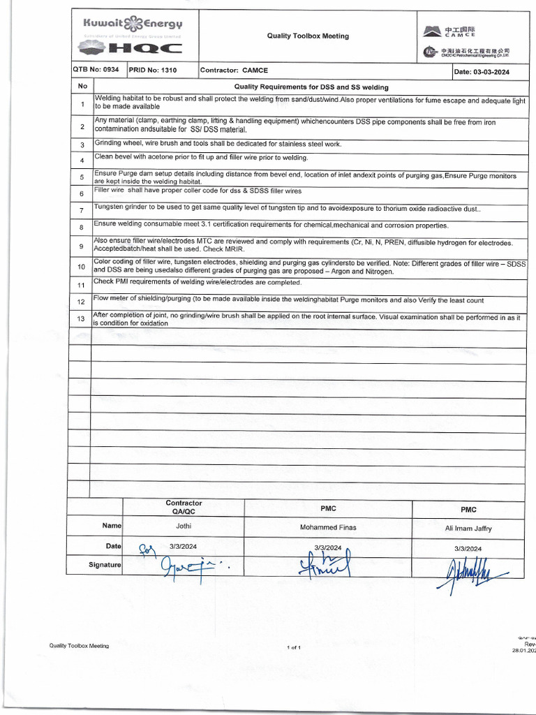 QTBT 0934 Quality Requirements For Dss and Ss Welding | PDF
