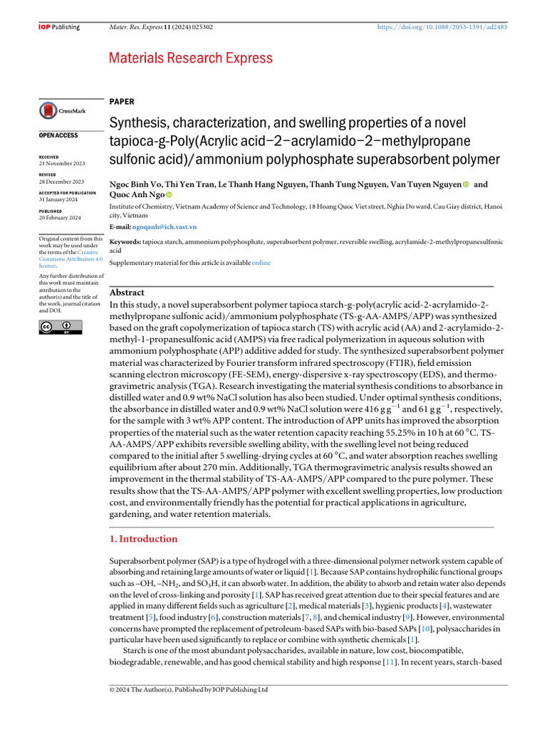 Novel Tapioca-Based Superabsorbent Polymer | PDF | Polymers | Materials ...
