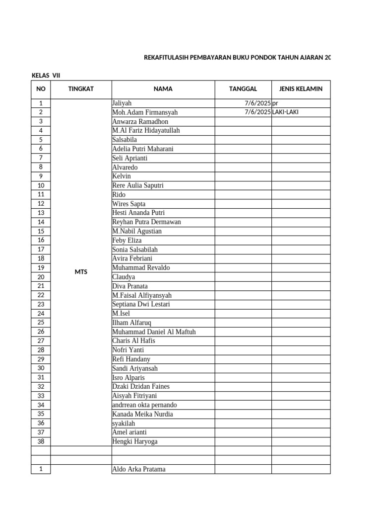Rekap Pembayaran Buku Kelas VII 2025-2026 | PDF