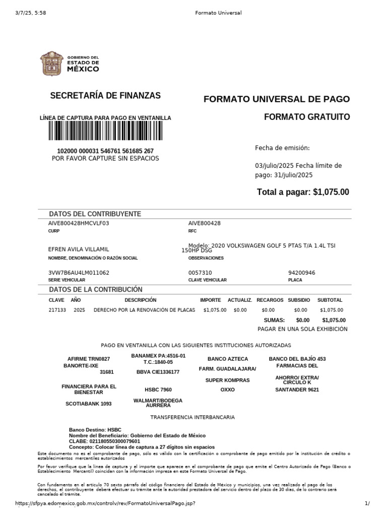 Línea de Captura para Pago de Placas | PDF | Bancos | Finanzas personales