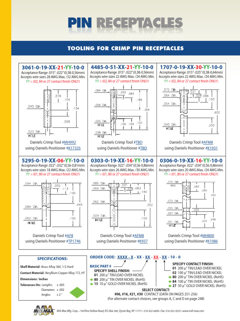 Crimp Pin Receptacles Specifications | PDF | Wire | Brass