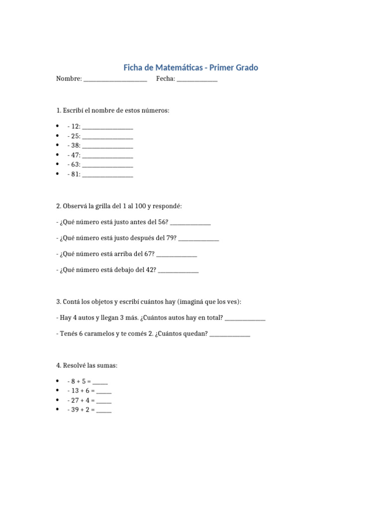 Ficha de Matemáticas para Primer Grado | PDF