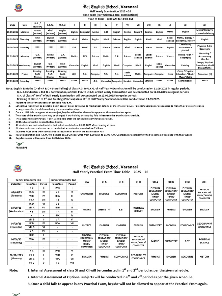 Half Yearly Exam Schedule 2025-26 | PDF