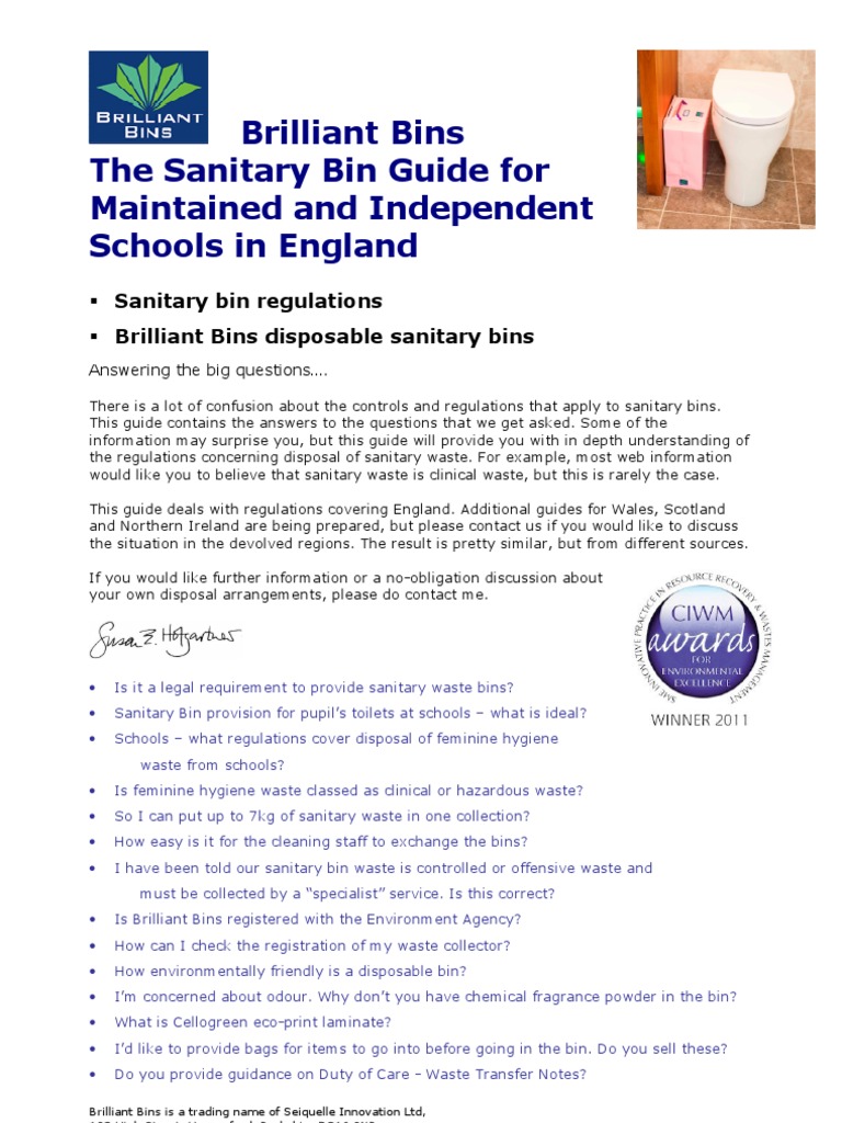Brilliant Bins The Sanitary Bin Guide for Schools in England Edition