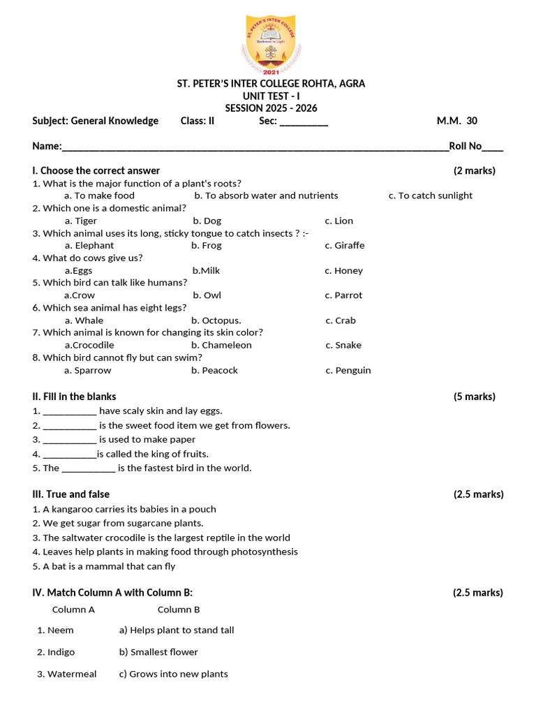 Class II General Knowledge Unit Test | PDF | Plants | Foods
