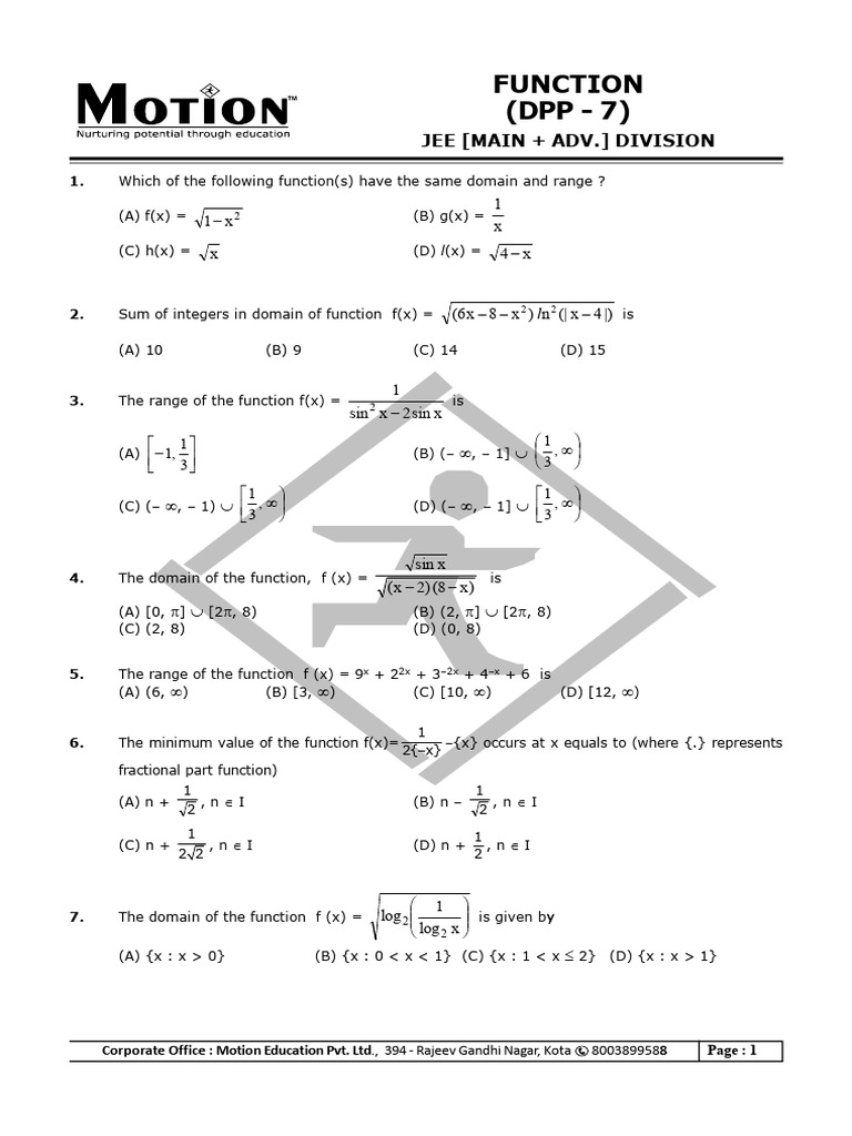 JEE Functions Domain and Range Questions | PDF | Function (Mathematics ...