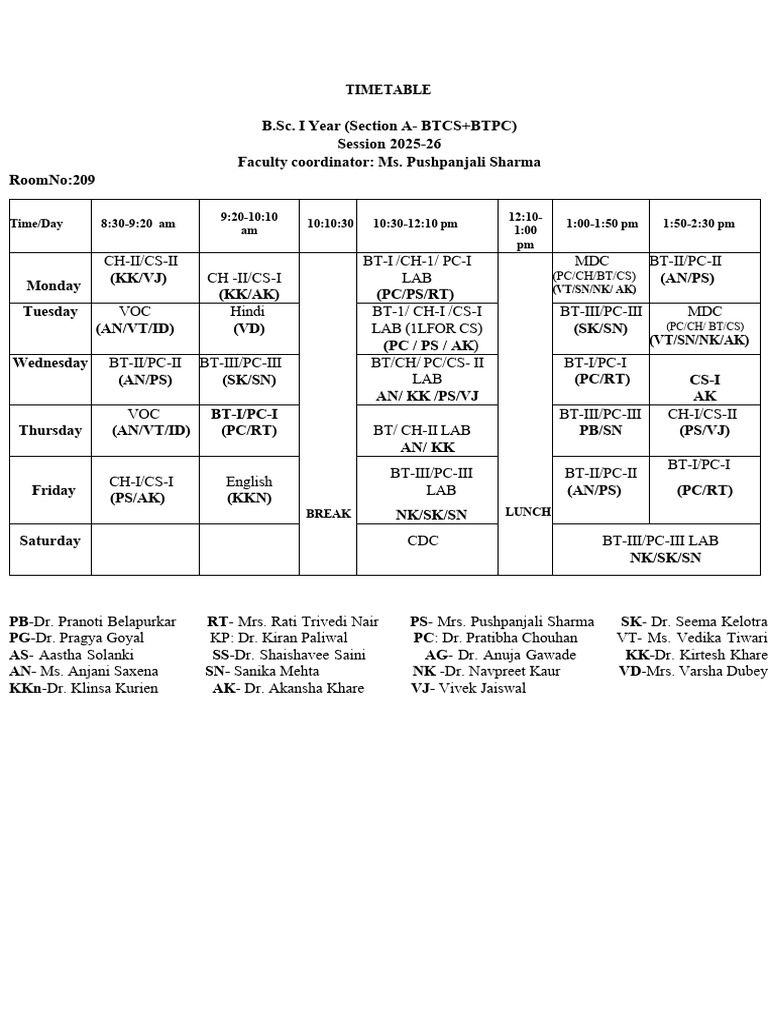 B.Sc. Timetable 2025-26 Overview | PDF