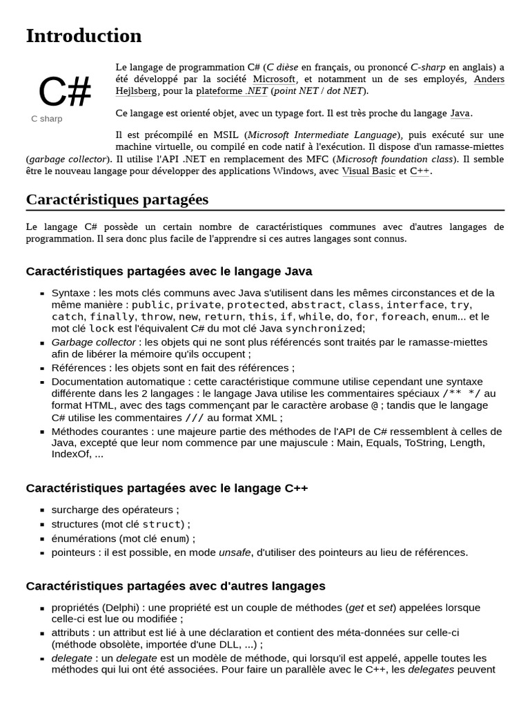 Introduction au langage C# | PDF | C# (Langage de programmation ...