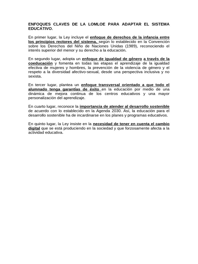 Enfoques Clave de la LOMLOE en Educación | PDF
