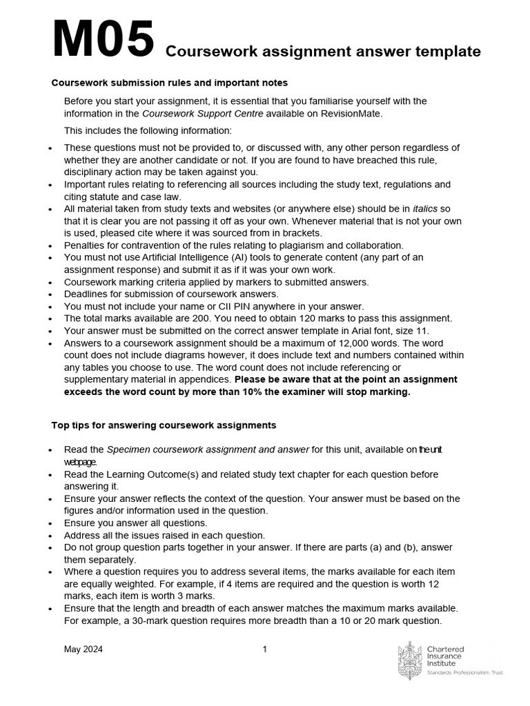 Coursework Assignment Guidelines M05 | PDF | Insurance | Damages