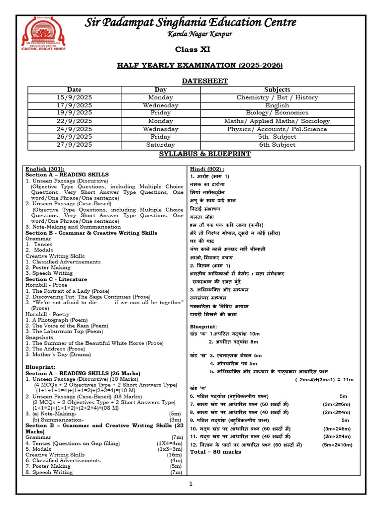 Class XI Half-Yearly Exam Datesheet 2025 | PDF | Demand | Function ...