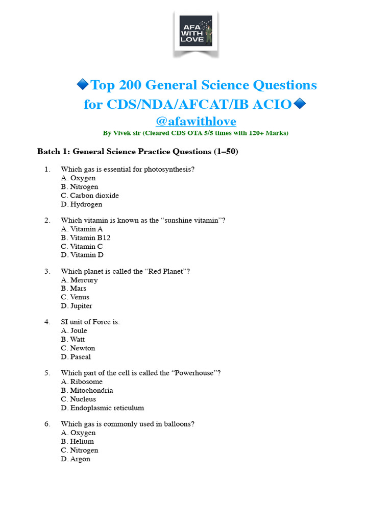 General Science Questions for Exams | PDF | Oxygen | Acid