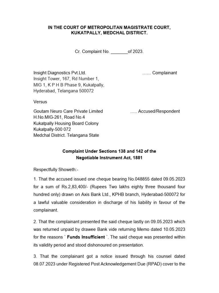 Insight-Case Under Ni Act - Draft | PDF | Cheque | Affidavit