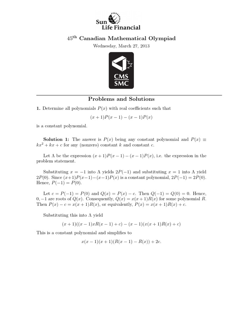 45th Canadian Mathematical Olympiad Solutions | PDF | Polynomial | Triangle