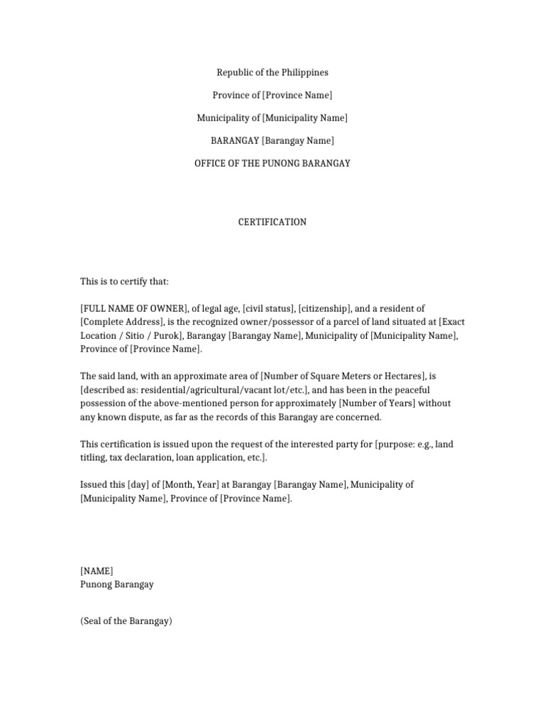 Barangay Land Ownership Certification | PDF
