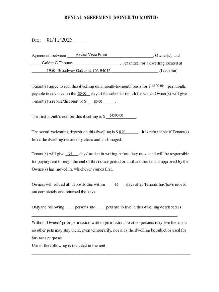 Oakland Month-to-Month Lease Agreement | PDF | Leasehold Estate | Renting