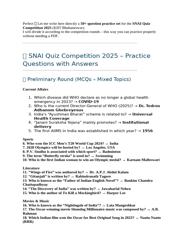 SNAI Quiz 2025: 100 Practice Questions | PDF | Postpartum Period ...
