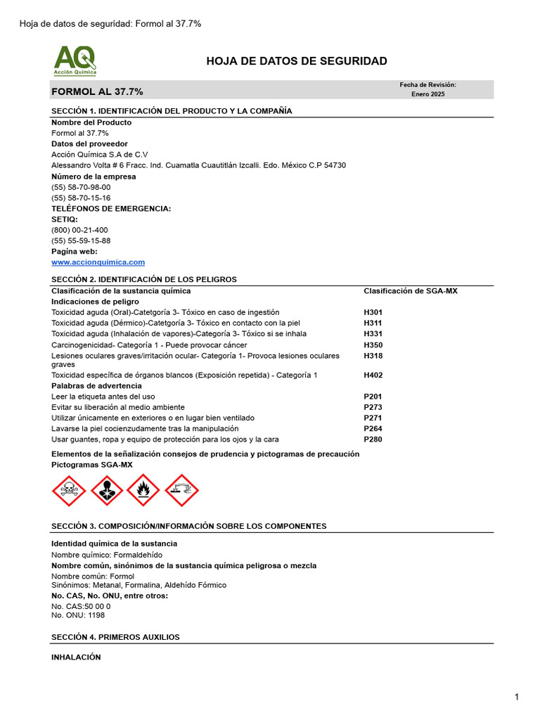 Hoja de Seguridad: Formol 37.7% | PDF | Formaldehído | Agua