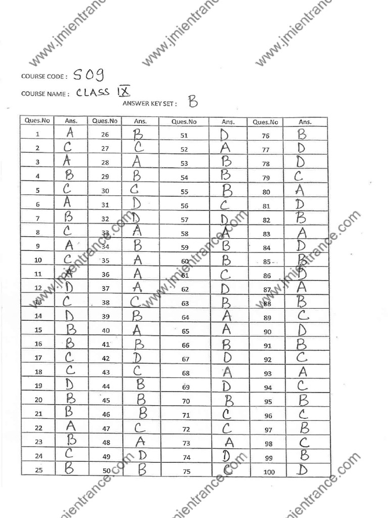 Class 9 Answer Key Set B JMIEntrance RGMJZT | PDF